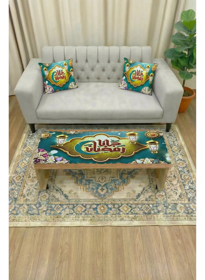 طقم زينة رمضان كريم - مفرش طاولة (140×43 سم) مع 2 كيس خدادية (43×43 سم) بتصميم "جانا رمضان" والبانوهات الرمضانية - Image 1